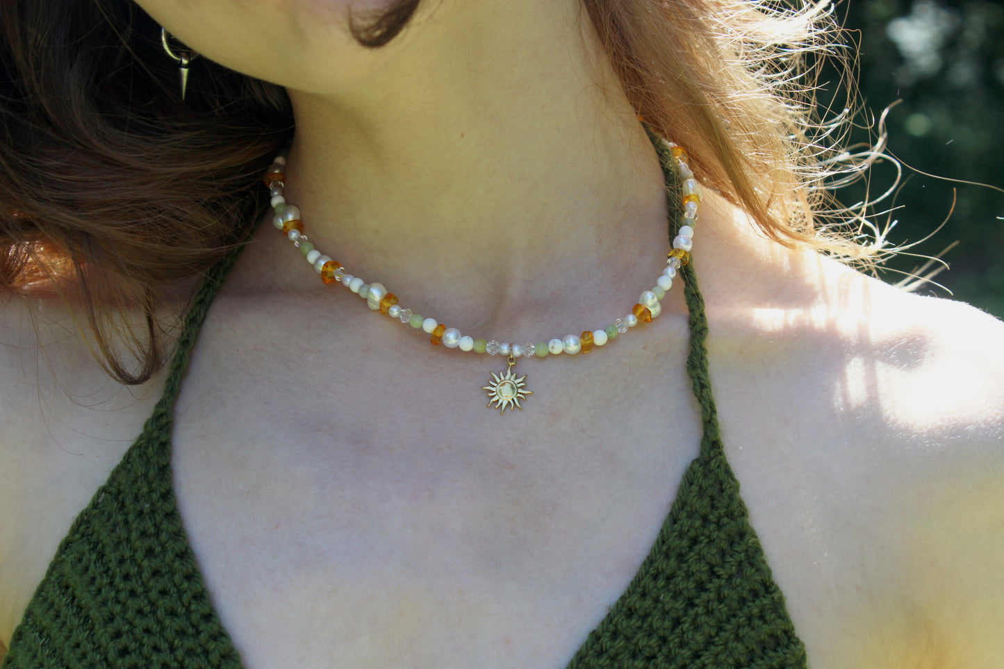 Handmade Sunlit Sage Beaded Necklace | Waterproof Stainless Steel