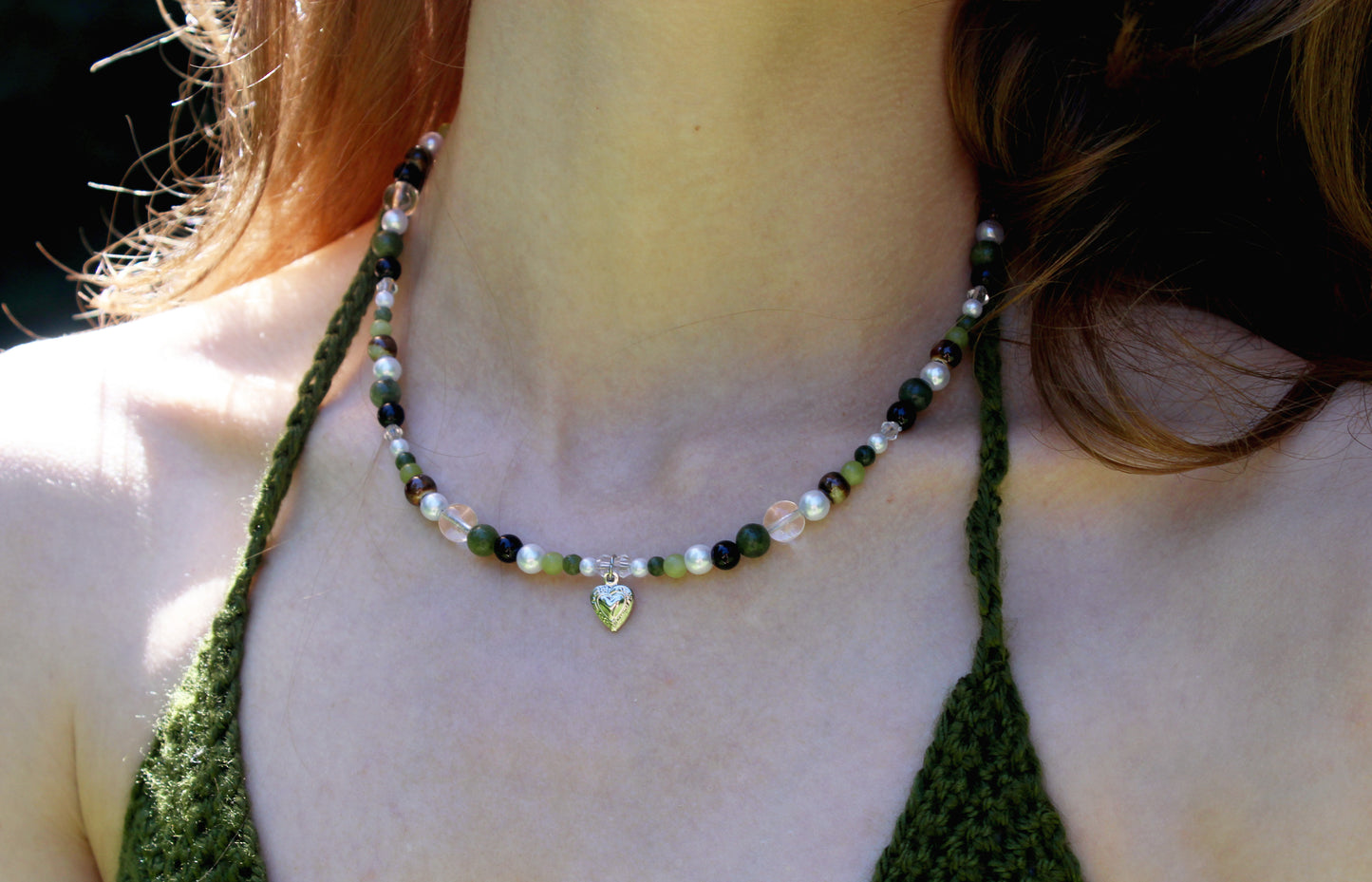 Handmade Evergreen Heart Beaded Necklace | Waterproof Stainless Steel