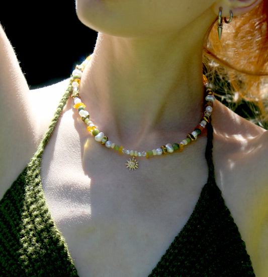 Handmade Golden Solstice Beaded Necklace | Waterproof Stainless Steel