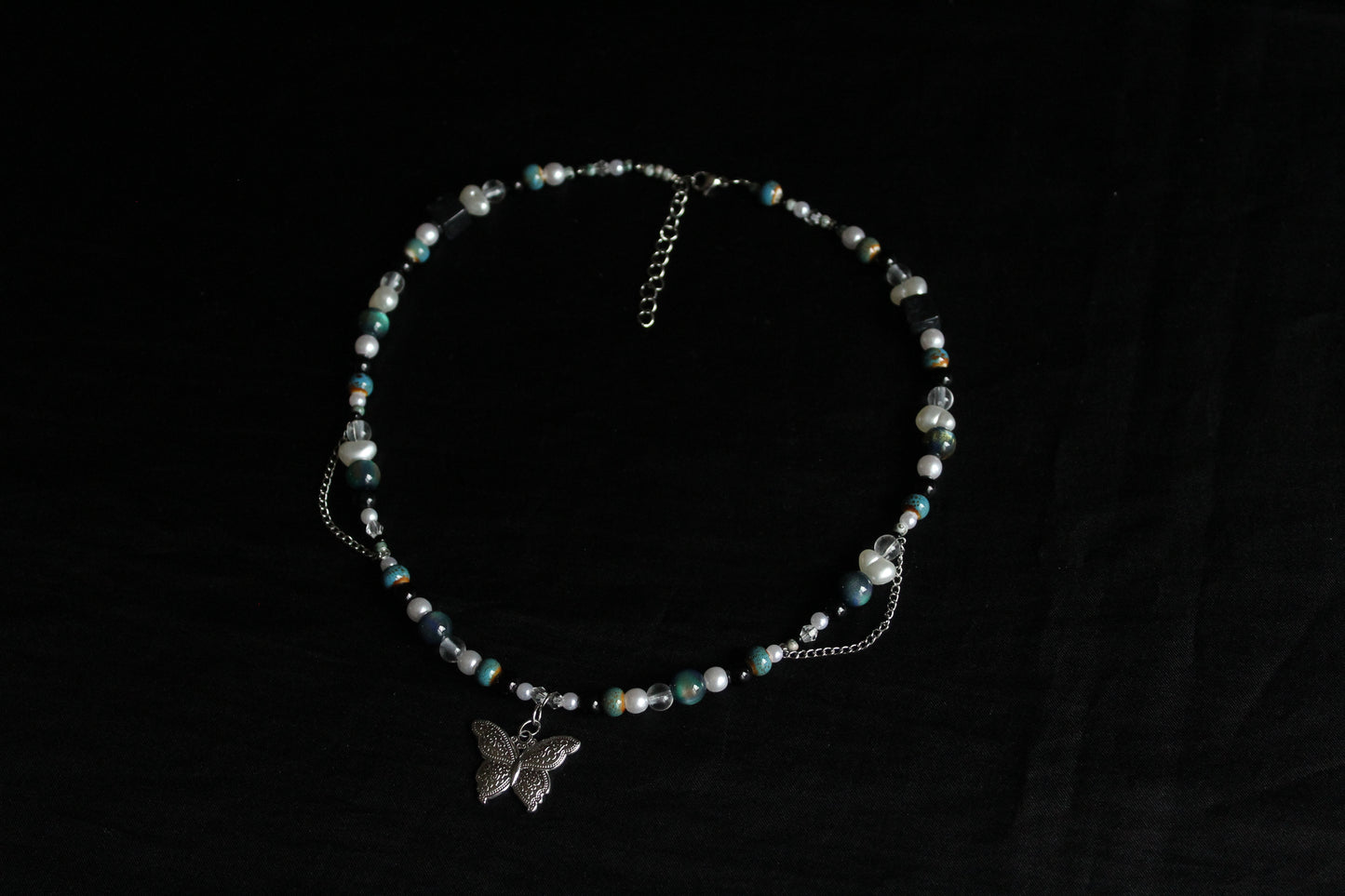 Handmade Teal Nocturne Butterfly Beaded Necklace | Waterproof Stainless Steel