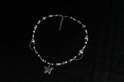 Handmade Teal Nocturne Butterfly Beaded Necklace | Waterproof Stainless Steel