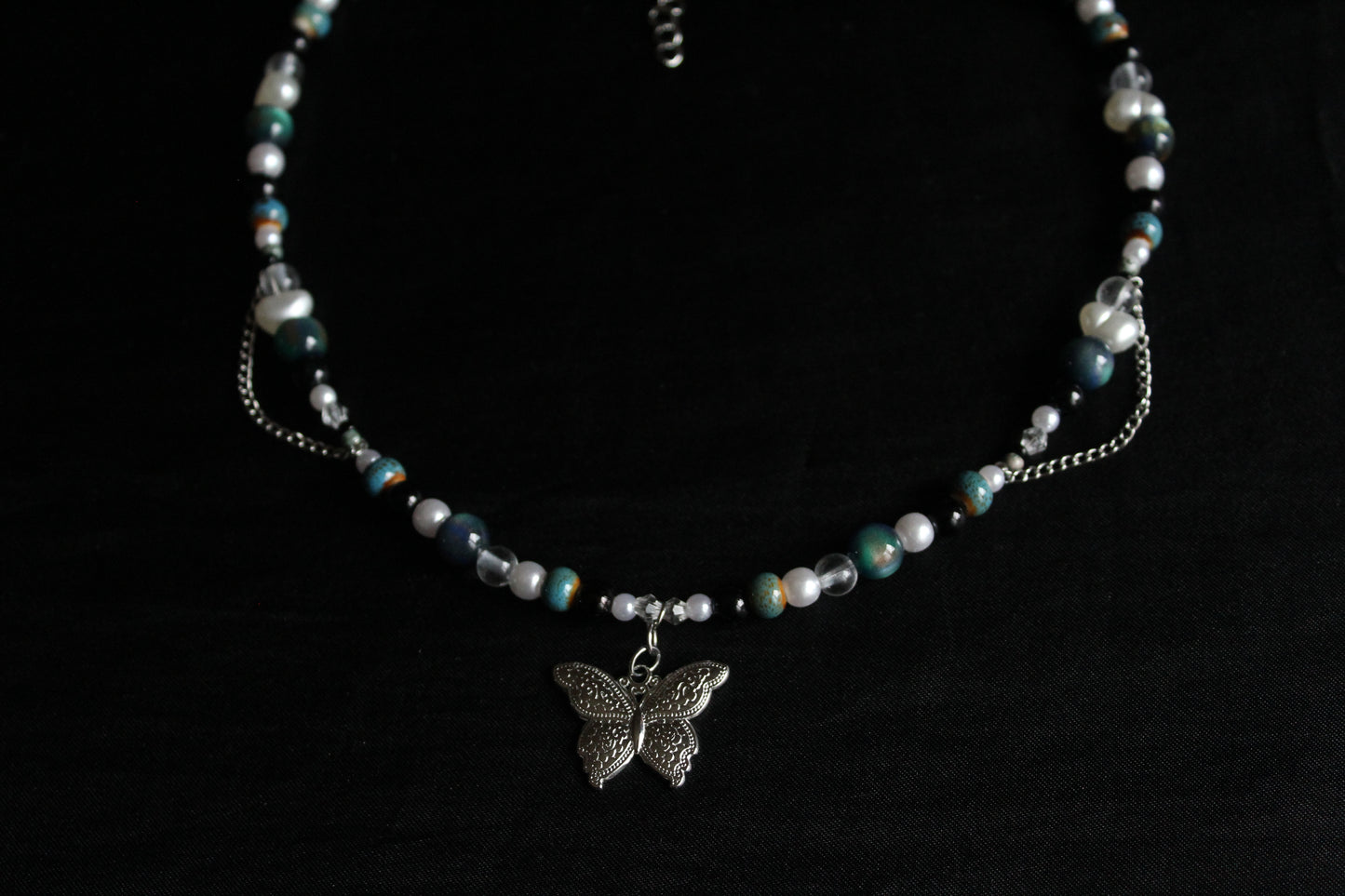 Handmade Teal Nocturne Butterfly Beaded Necklace | Waterproof Stainless Steel