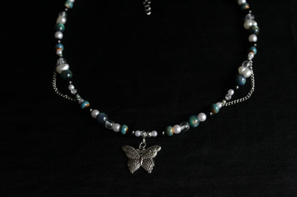 Handmade Teal Nocturne Butterfly Beaded Necklace | Waterproof Stainless Steel