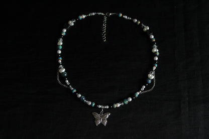 Handmade Teal Nocturne Butterfly Beaded Necklace | Waterproof Stainless Steel
