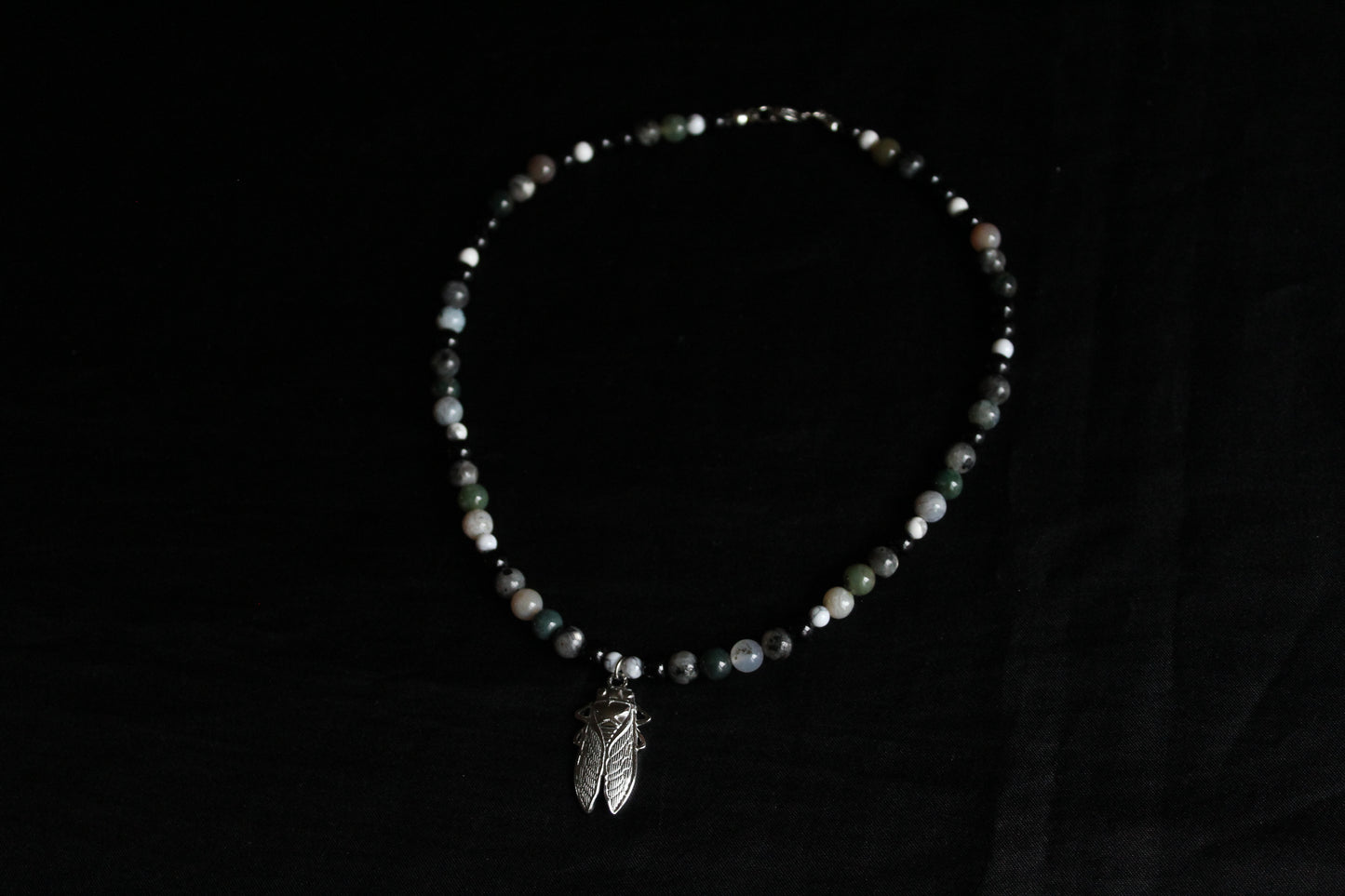 Handmade Stone Cicada Beaded Necklace | Waterproof Stainless Steel
