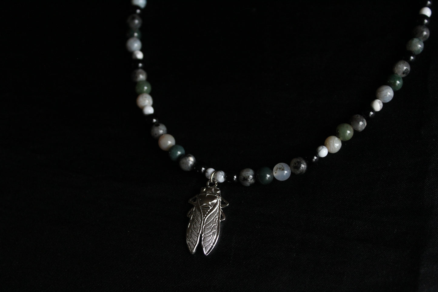 Handmade Stone Cicada Beaded Necklace | Waterproof Stainless Steel