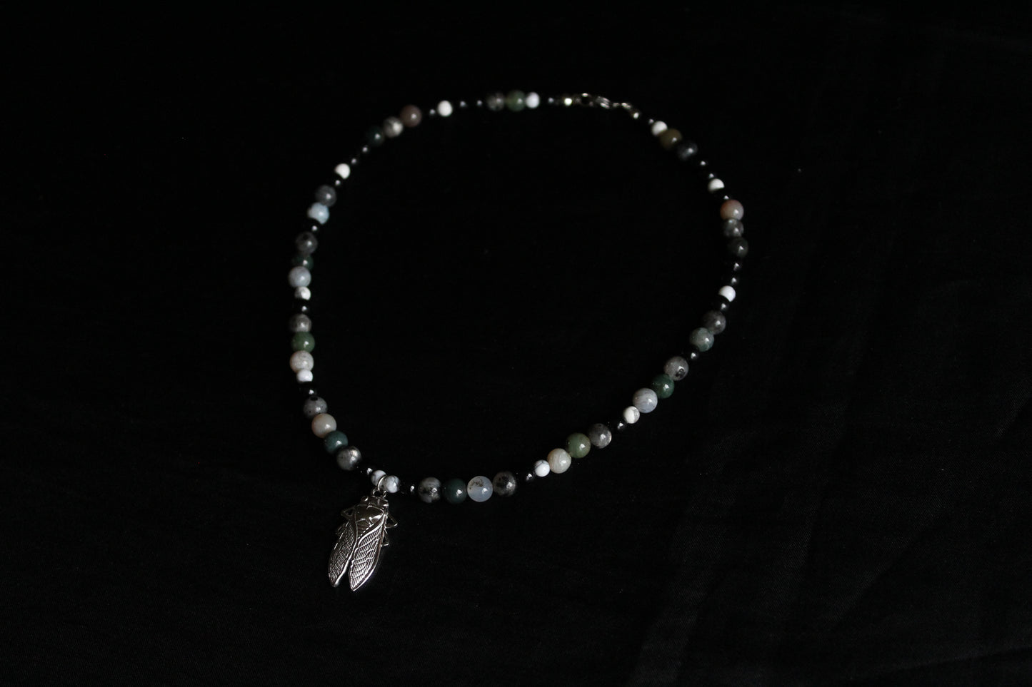 Handmade Stone Cicada Beaded Necklace | Waterproof Stainless Steel