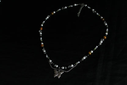 Handmade Moss & Wood Butterfly Beaded Necklace | Waterproof Stainless Steel