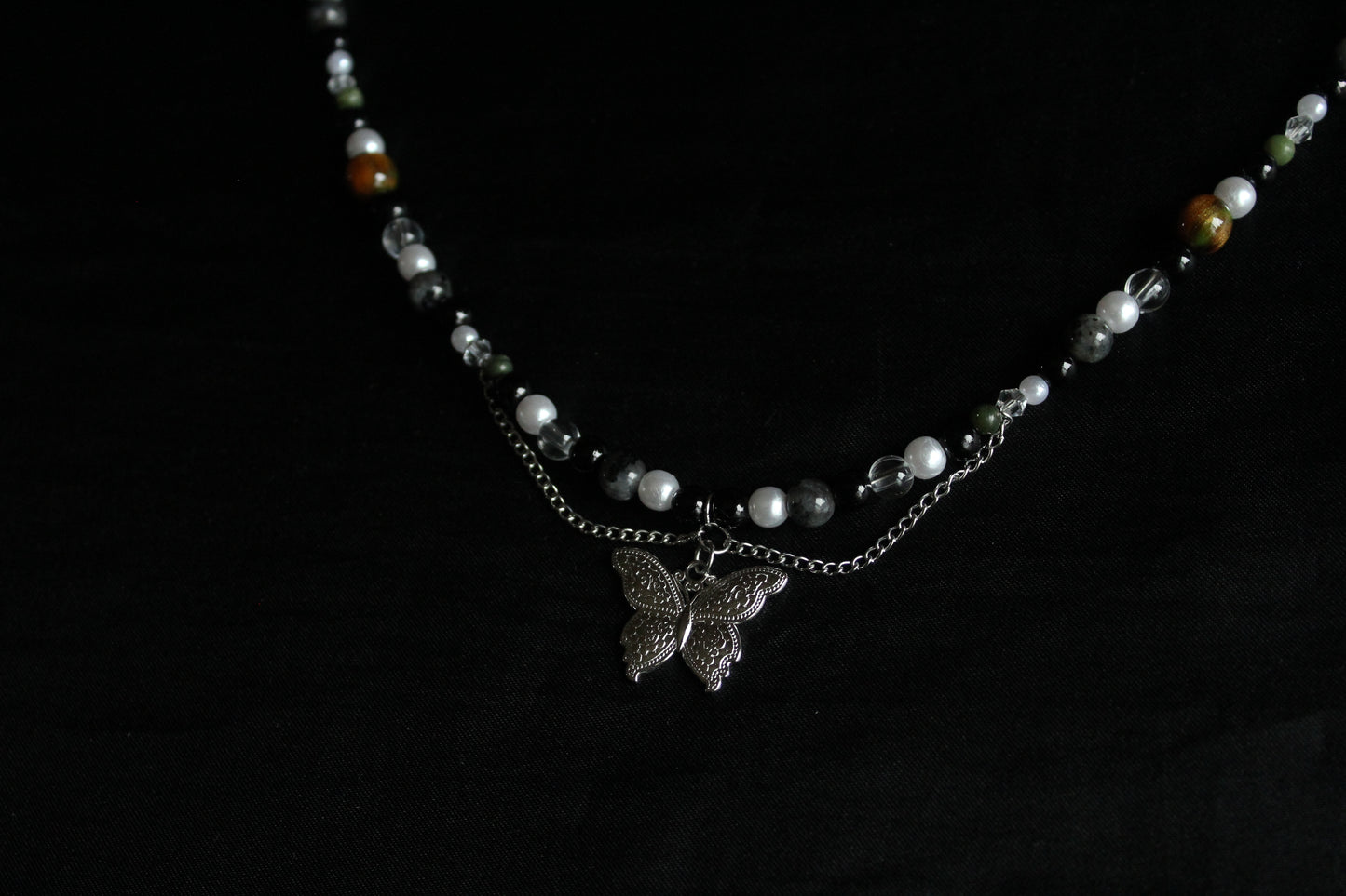 Handmade Moss & Wood Butterfly Beaded Necklace | Waterproof Stainless Steel