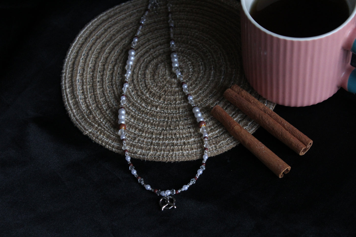 Handmade Cinnamon Pretzel Beaded Necklace | Waterproof Stainless Steel