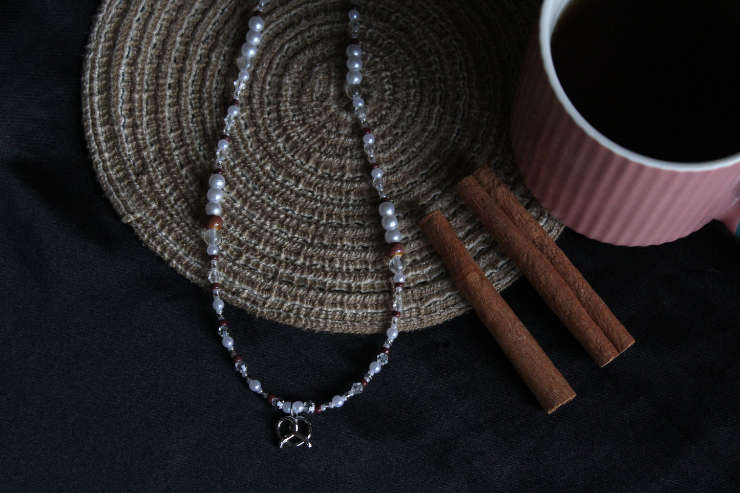 Handmade Cinnamon Pretzel Beaded Necklace | Waterproof Stainless Steel