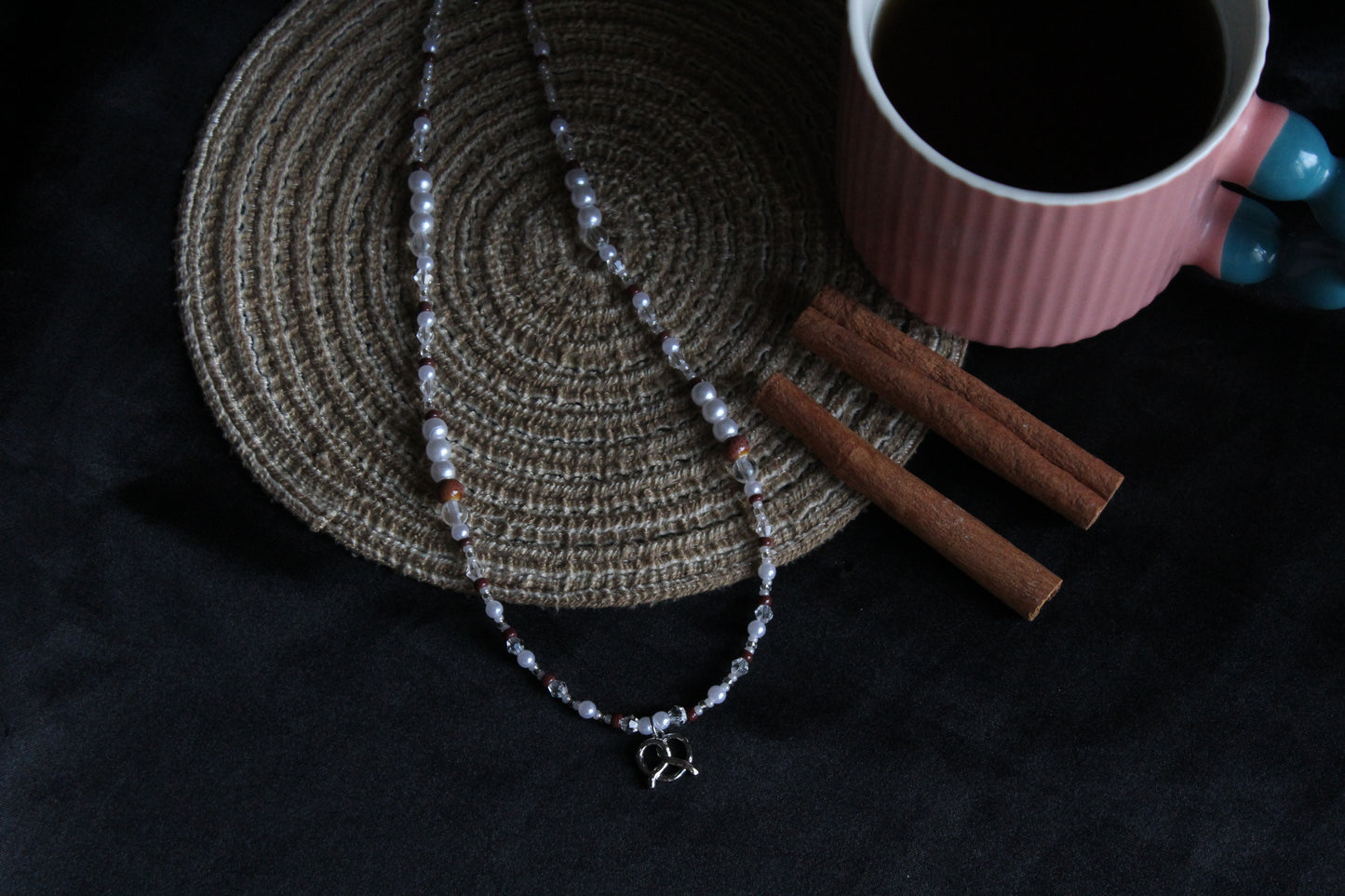 Handmade Cinnamon Pretzel Beaded Necklace | Waterproof Stainless Steel