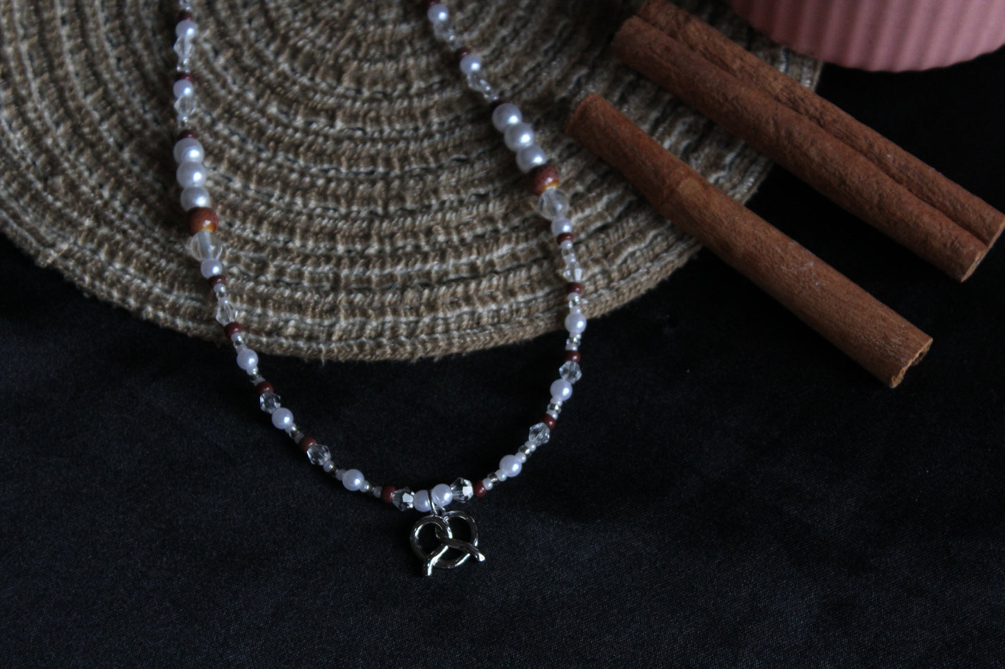 Handmade Cinnamon Pretzel Beaded Necklace | Waterproof Stainless Steel