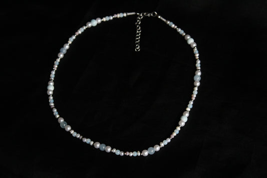Handmade Aquamarine & Opalite Beaded Necklace | Waterproof Stainless Steel