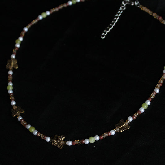 Handmade Garden Butterfly Earthy tones Beaded Necklace | Waterproof Stainless Steel