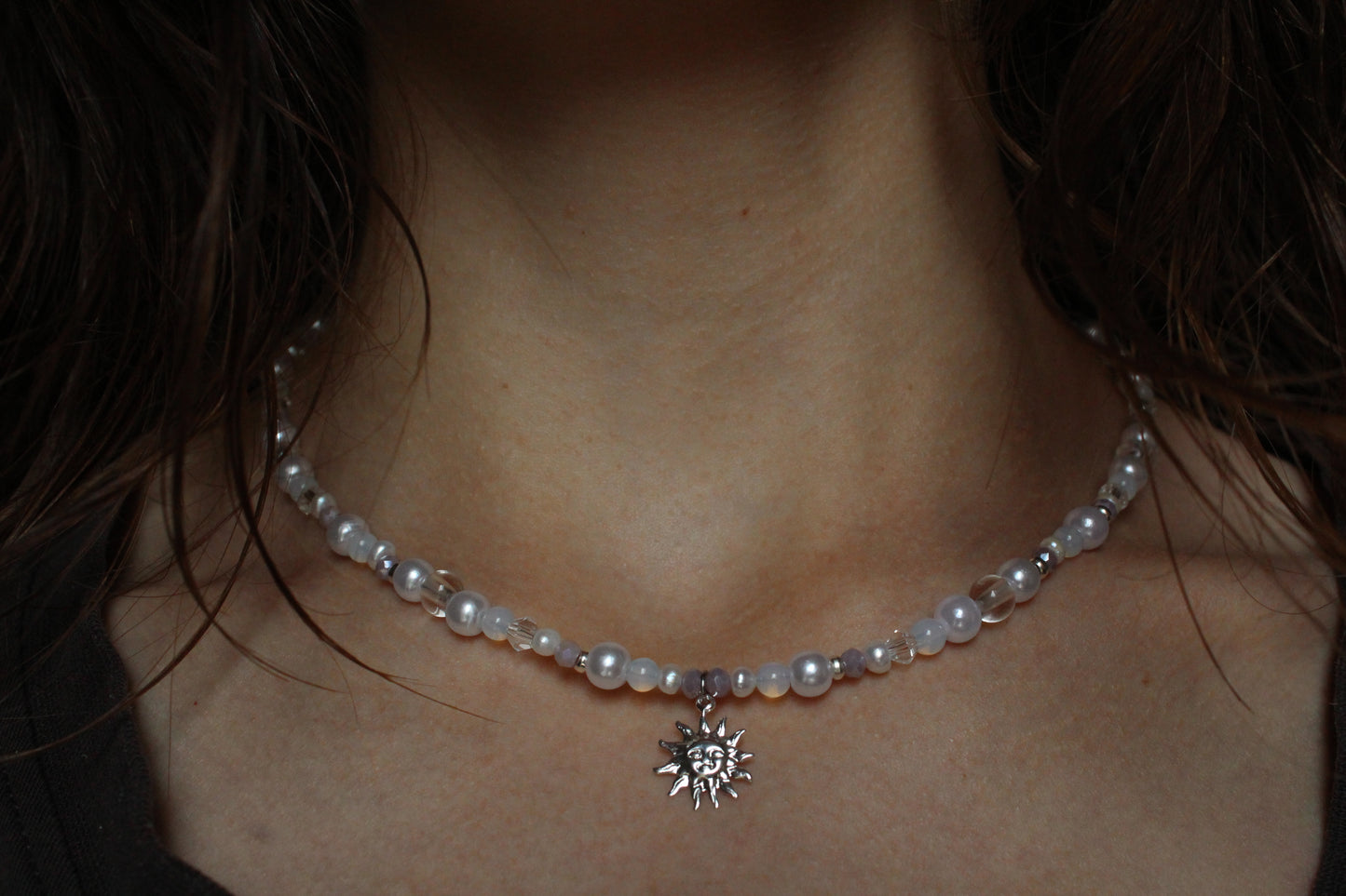 Handmade Dainty Moonlit Pearl Sun Charm Necklace | Waterproof Stainless Steel