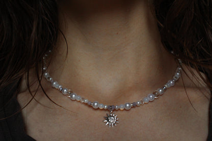 Handmade Dainty Moonlit Pearl Sun Charm Necklace | Waterproof Stainless Steel