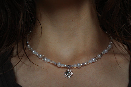 Handmade Dainty Moonlit Pearl Sun Charm Necklace | Waterproof Stainless Steel
