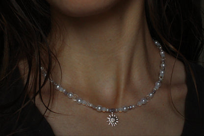 Handmade Dainty Moonlit Pearl Sun Charm Necklace | Waterproof Stainless Steel
