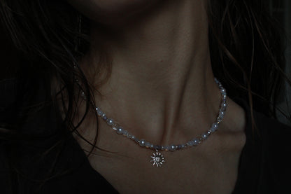 Handmade Dainty Moonlit Pearl Sun Charm Necklace | Waterproof Stainless Steel