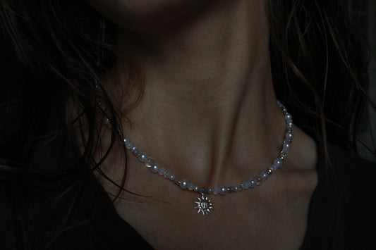 Handmade Dainty Moonlit Pearl Sun Charm Necklace | Waterproof Stainless Steel