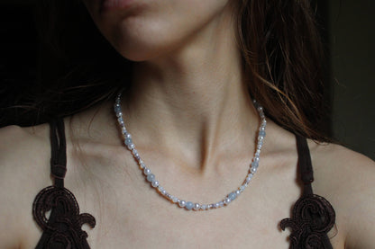 Handmade Aquamarine & Opalite Beaded Necklace | Waterproof Stainless Steel