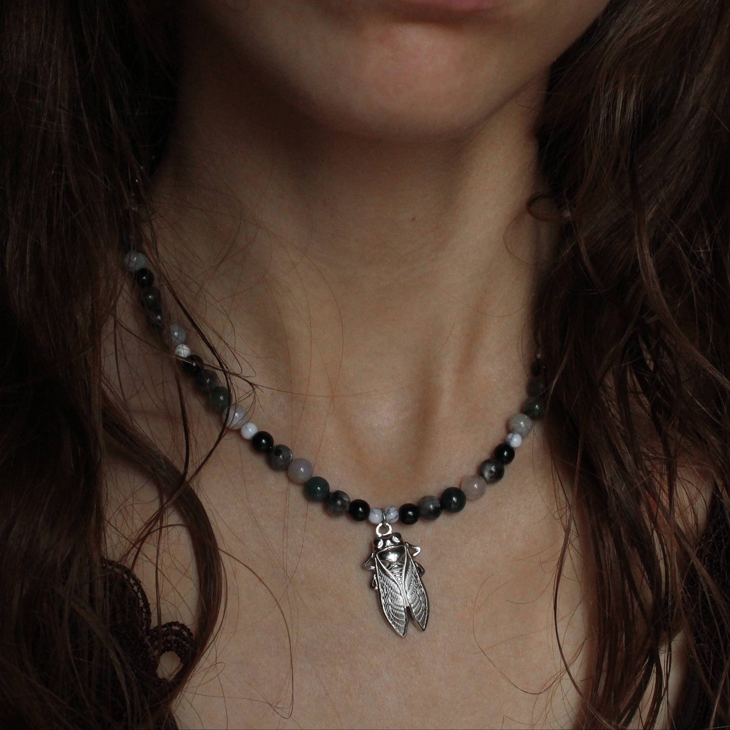 Handmade Stone Cicada Beaded Necklace | Waterproof Stainless Steel