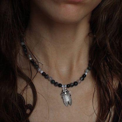 Handmade Stone Cicada Beaded Necklace | Waterproof Stainless Steel