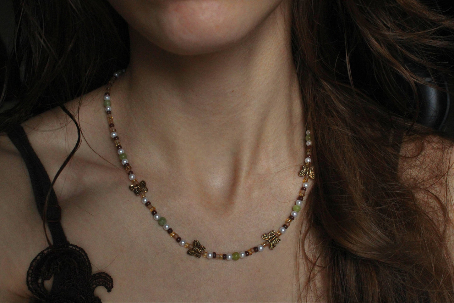 Handmade Garden Butterfly Earthy tones Beaded Necklace | Waterproof Stainless Steel