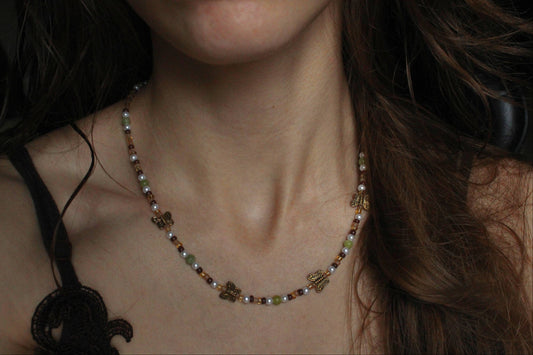 Handmade Garden Butterfly Earthy tones Beaded Necklace | Waterproof Stainless Steel