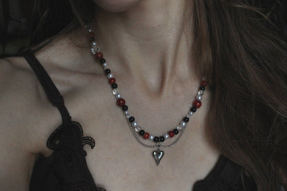 Handmade Dark Rose Heart Beaded Necklace | Waterproof Stainless Steel