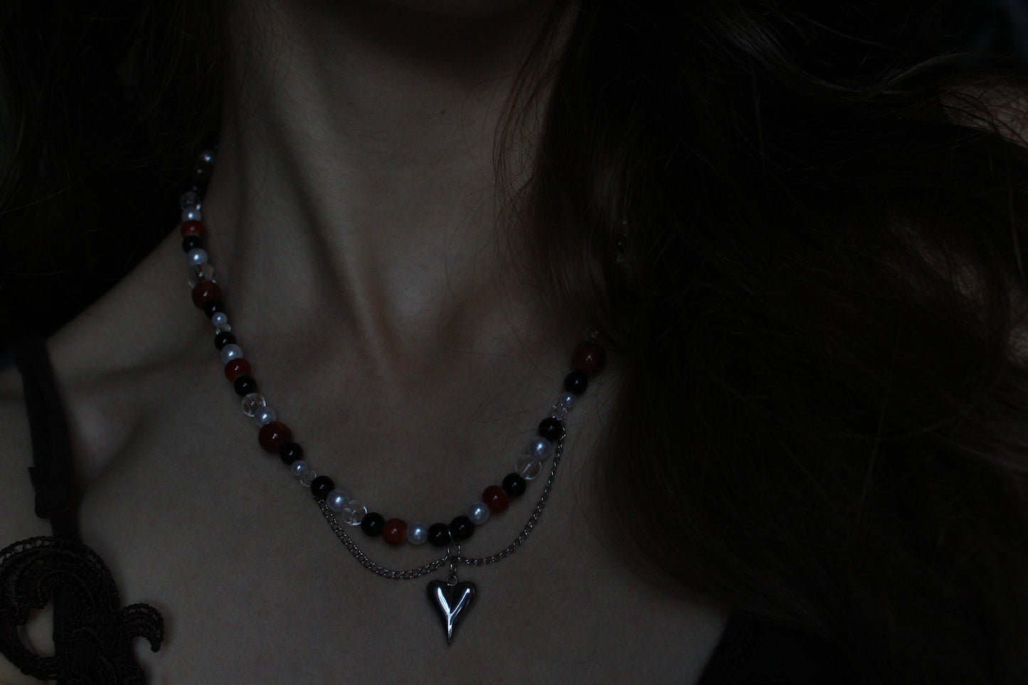 Handmade Dark Rose Heart Beaded Necklace | Waterproof Stainless Steel