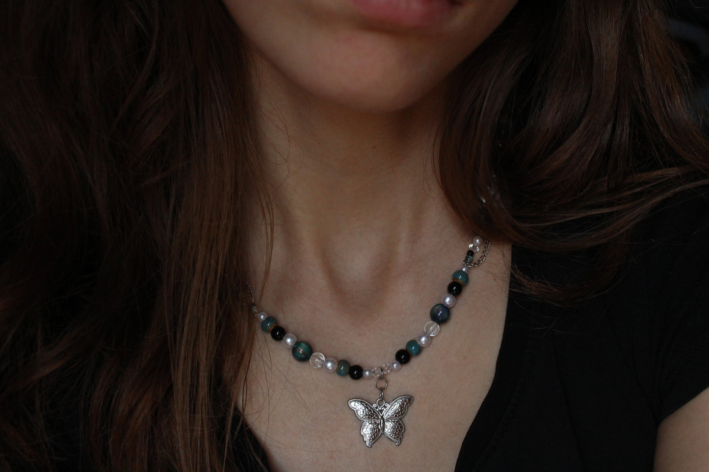 Handmade Teal Nocturne Butterfly Beaded Necklace | Waterproof Stainless Steel