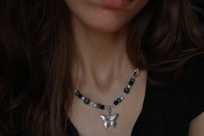Handmade Teal Nocturne Butterfly Beaded Necklace | Waterproof Stainless Steel