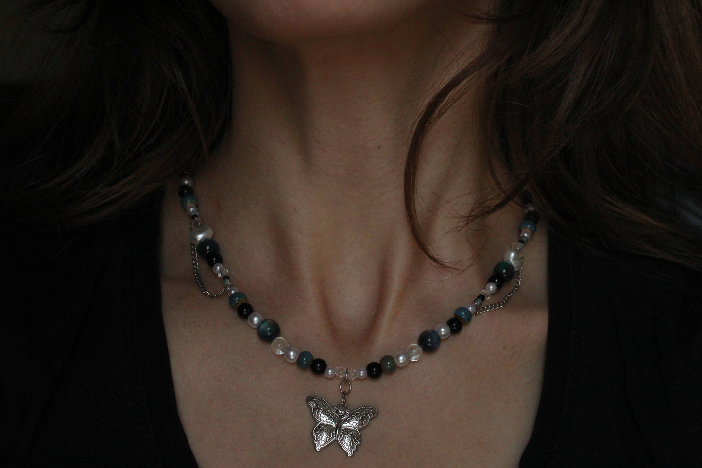 Handmade Teal Nocturne Butterfly Beaded Necklace | Waterproof Stainless Steel