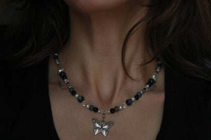 Handmade Teal Nocturne Butterfly Beaded Necklace | Waterproof Stainless Steel