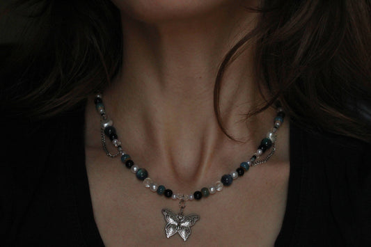 Handmade Teal Nocturne Butterfly Beaded Necklace | Waterproof Stainless Steel