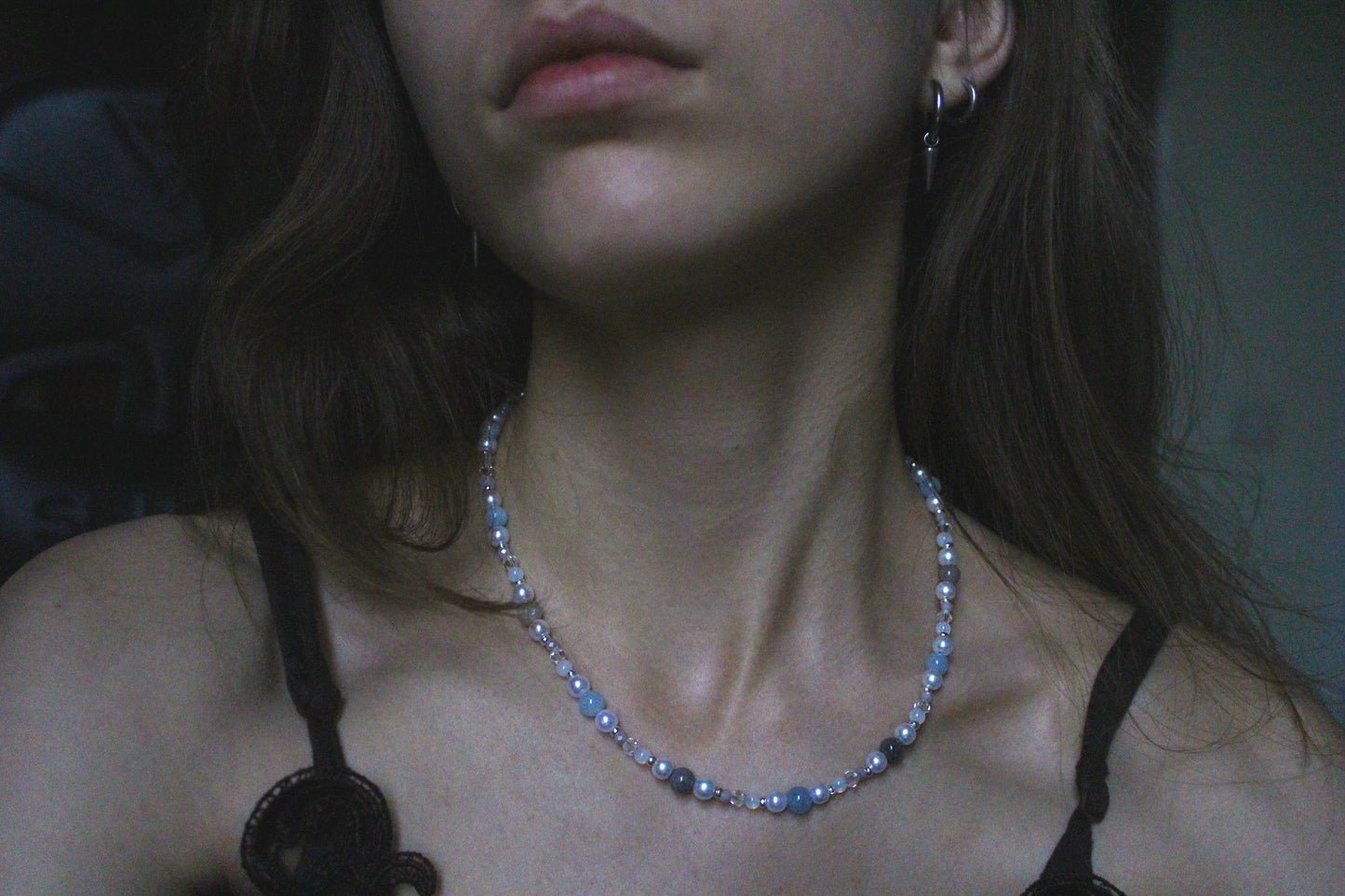 Handmade Aquamarine, Agate & Opalite Beaded Necklace | Waterproof Stainless Steel
