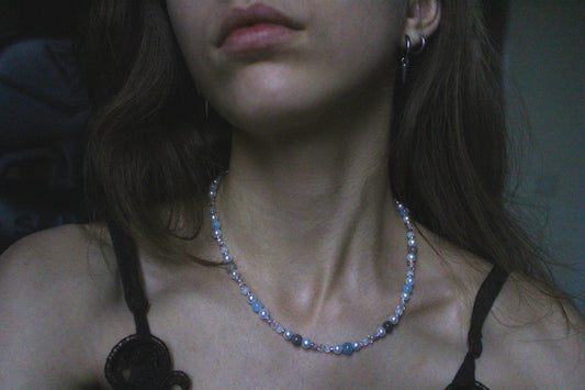 Handmade Aquamarine, Agate & Opalite Beaded Necklace | Waterproof Stainless Steel