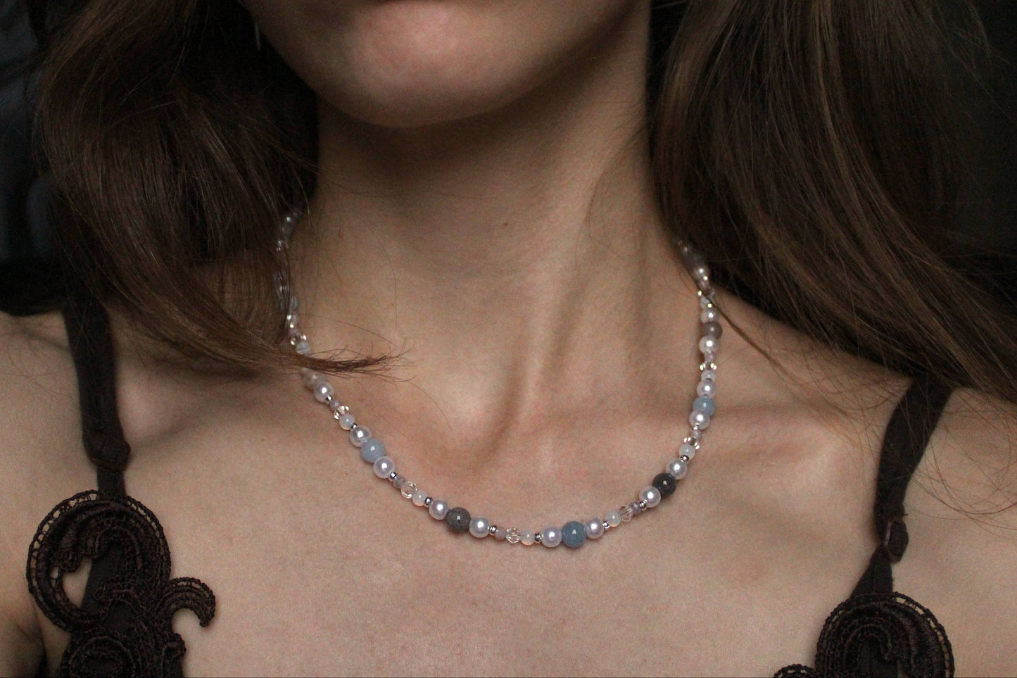 Handmade Aquamarine, Agate & Opalite Beaded Necklace | Waterproof Stainless Steel