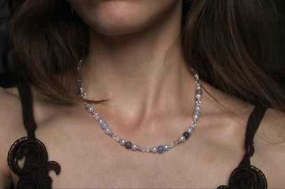 Handmade Aquamarine, Agate & Opalite Beaded Necklace | Waterproof Stainless Steel