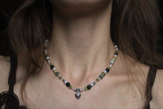 Handmade Evergreen Pine Heart Beaded Necklace | Waterproof Stainless Steel