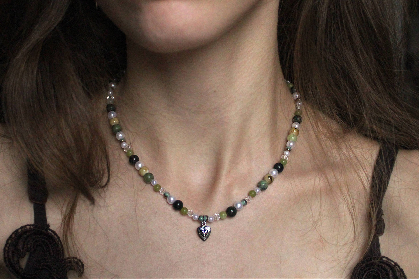 Handmade Evergreen Pine Heart Beaded Necklace | Waterproof Stainless Steel