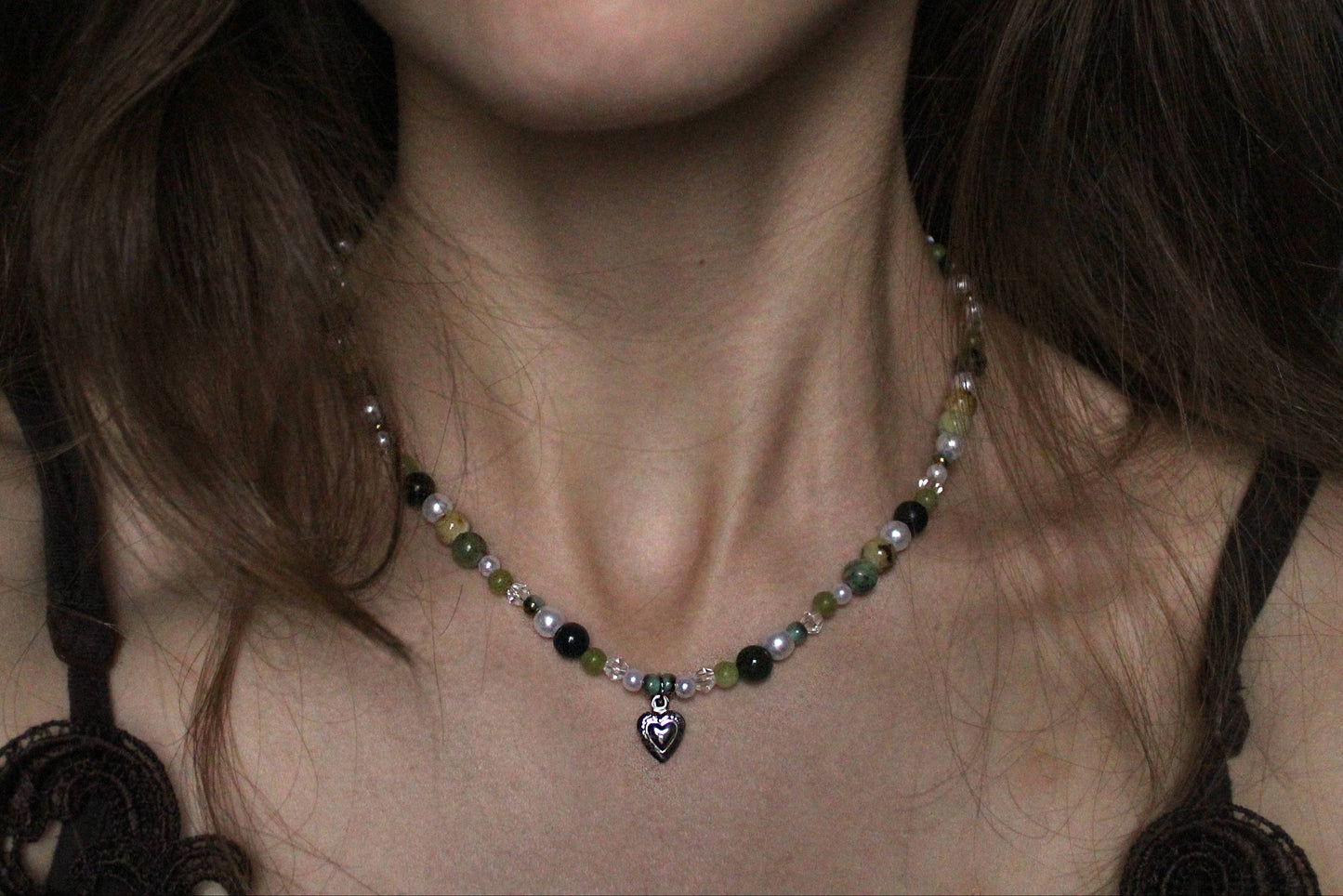 Handmade Evergreen Pine Heart Beaded Necklace | Waterproof Stainless Steel