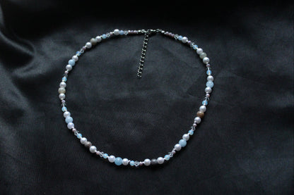 Handmade Aquamarine, Agate & Opalite Beaded Necklace | Waterproof Stainless Steel