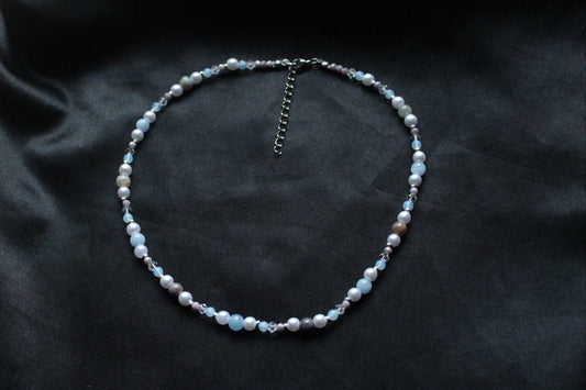 Handmade Aquamarine, Agate & Opalite Beaded Necklace | Waterproof Stainless Steel