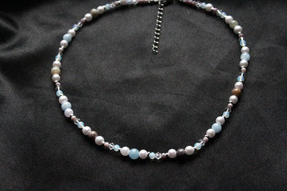 Handmade Aquamarine, Agate & Opalite Beaded Necklace | Waterproof Stainless Steel