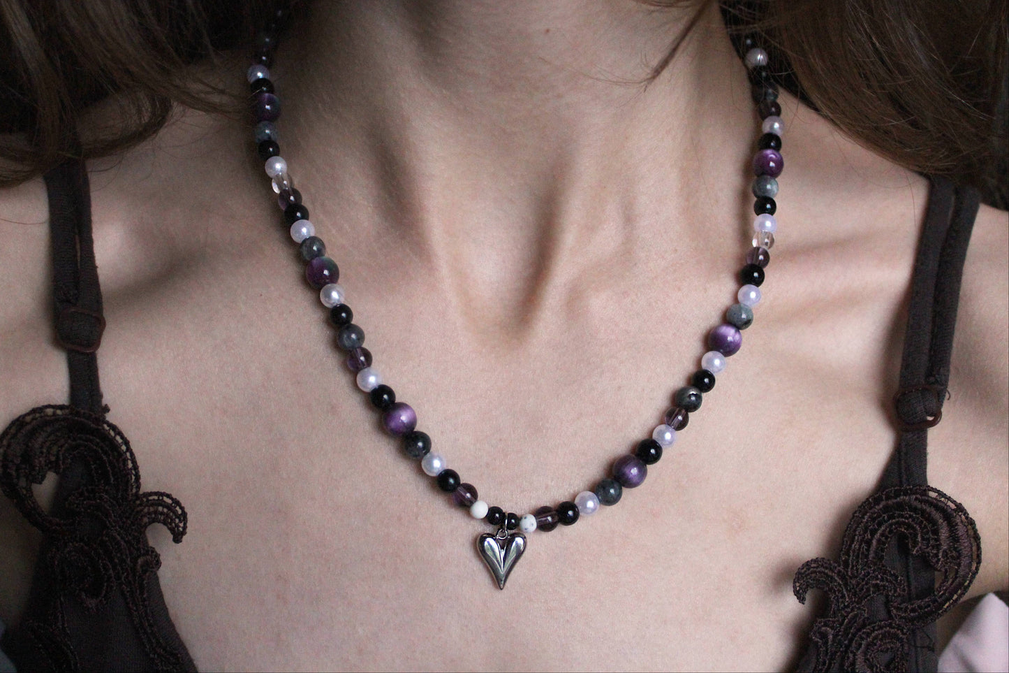 Handmade Violet Nocturne beaded necklace | Waterproof Stainless Steel