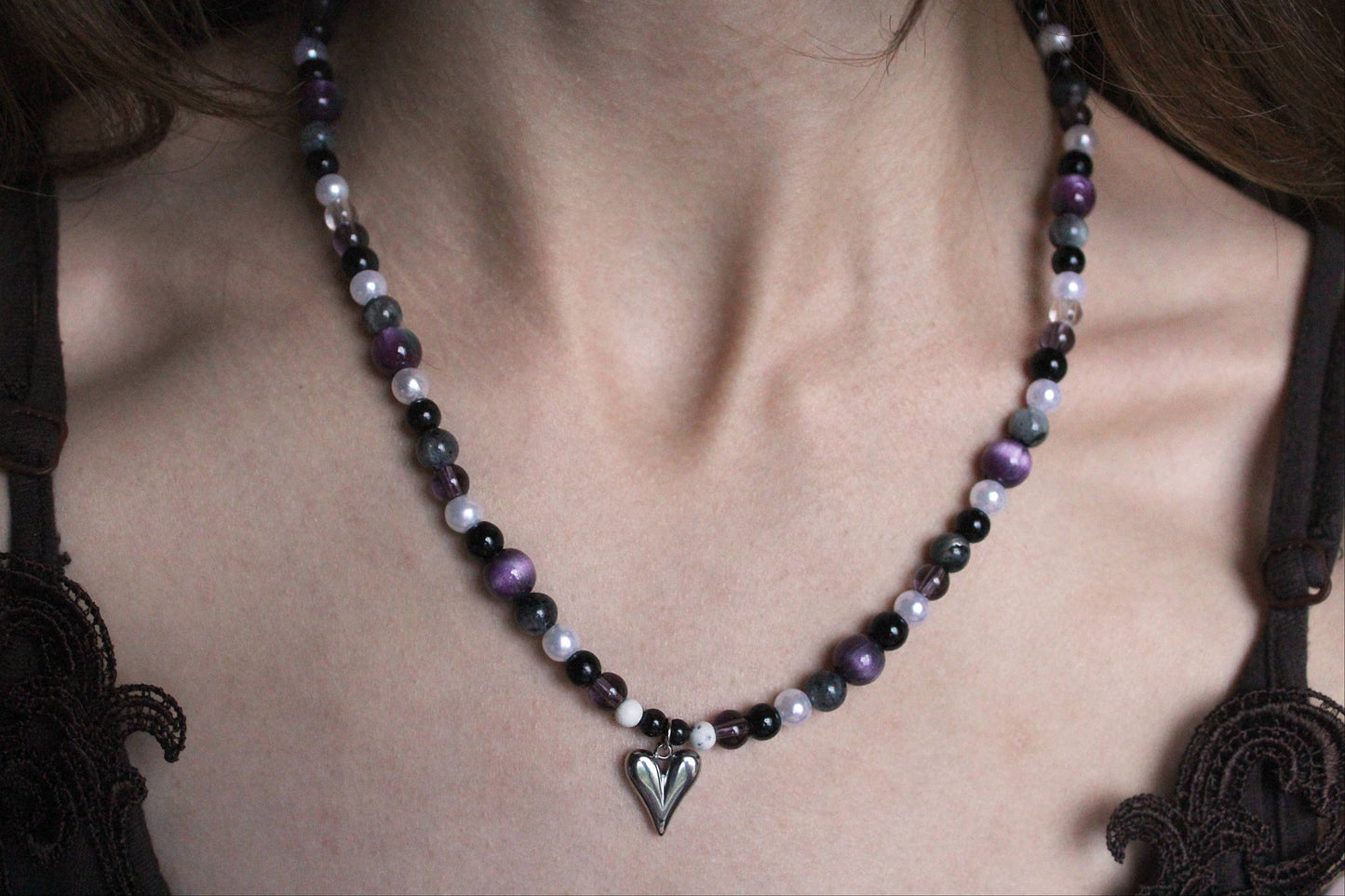 Handmade Violet Nocturne beaded necklace | Waterproof Stainless Steel