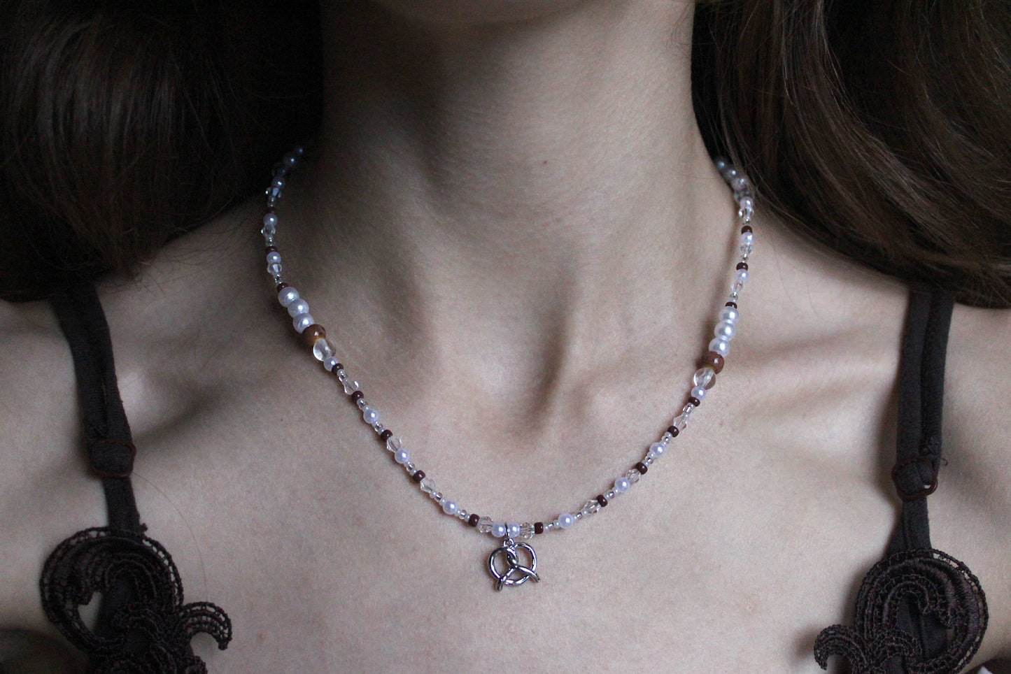 Handmade Cinnamon Pretzel Beaded Necklace | Waterproof Stainless Steel